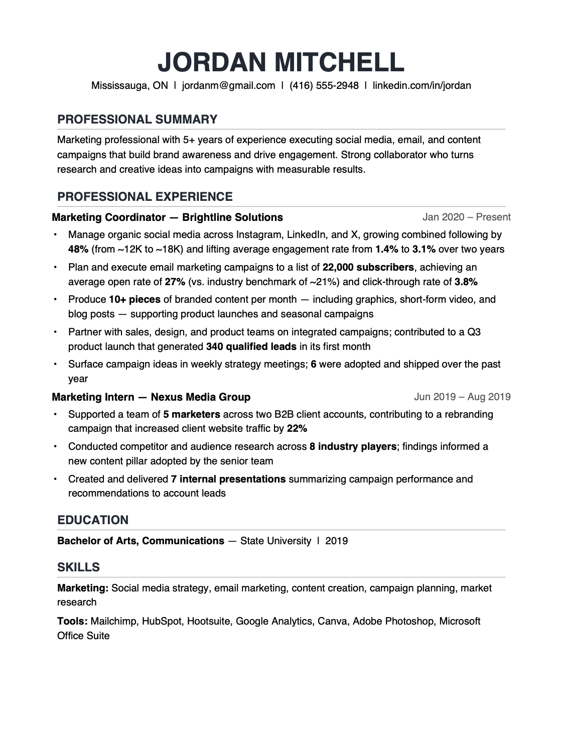 After: Marketing Coordinator resume rewritten by Elite Resume Writer