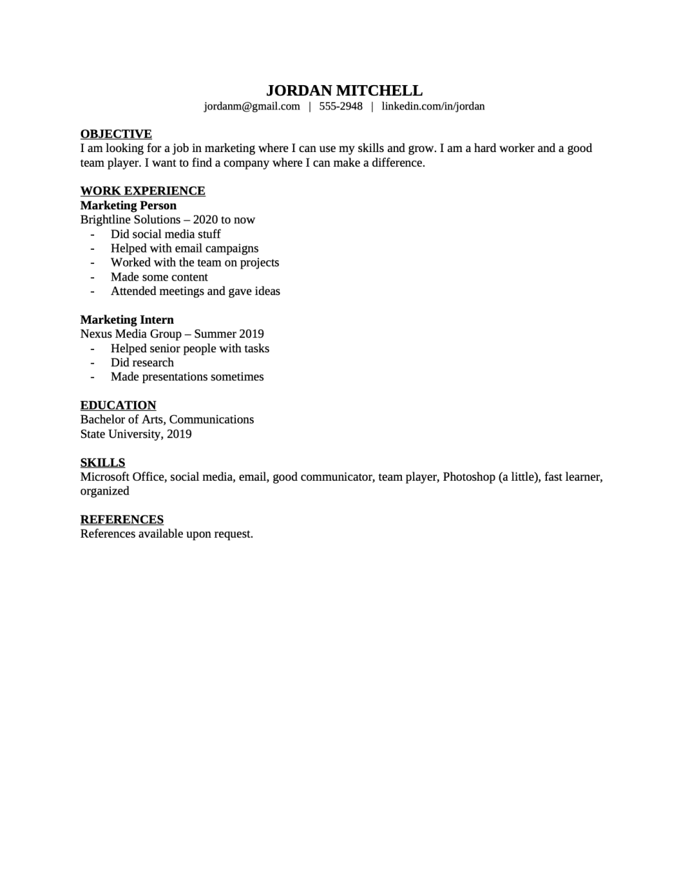 Before: Marketing Coordinator resume