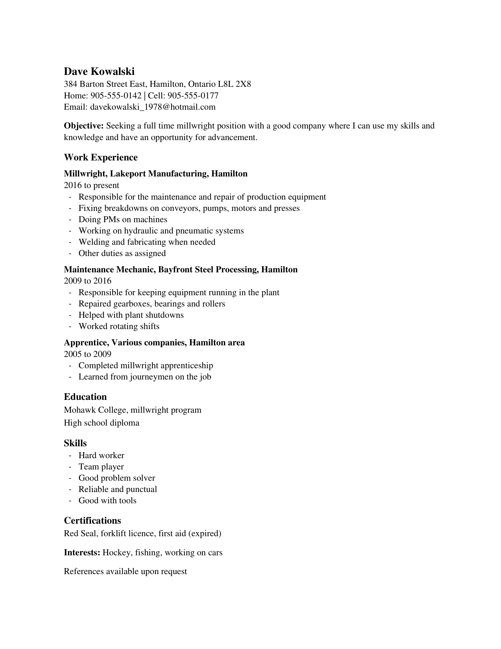 Before: entry-level Hamilton millwright resume with plain formatting