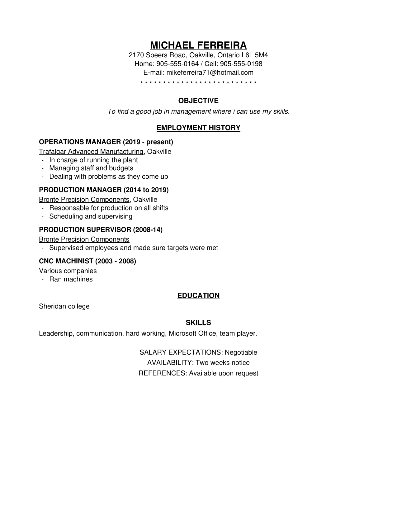 Before: dated Oakville operations manager resume with plain formatting and duty-based bullets