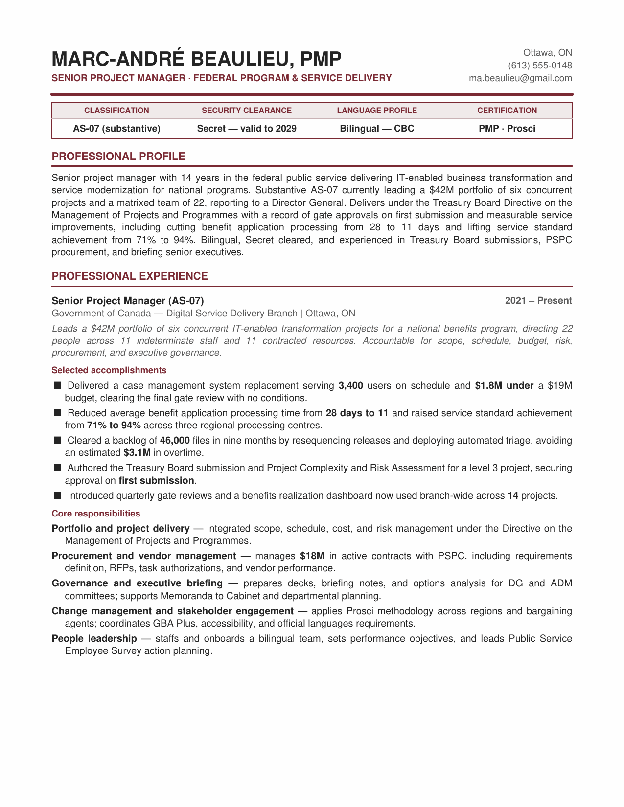 After: an ATS-optimized federal project manager resume showing AS-07 classification, Secret clearance and a CBC language profile