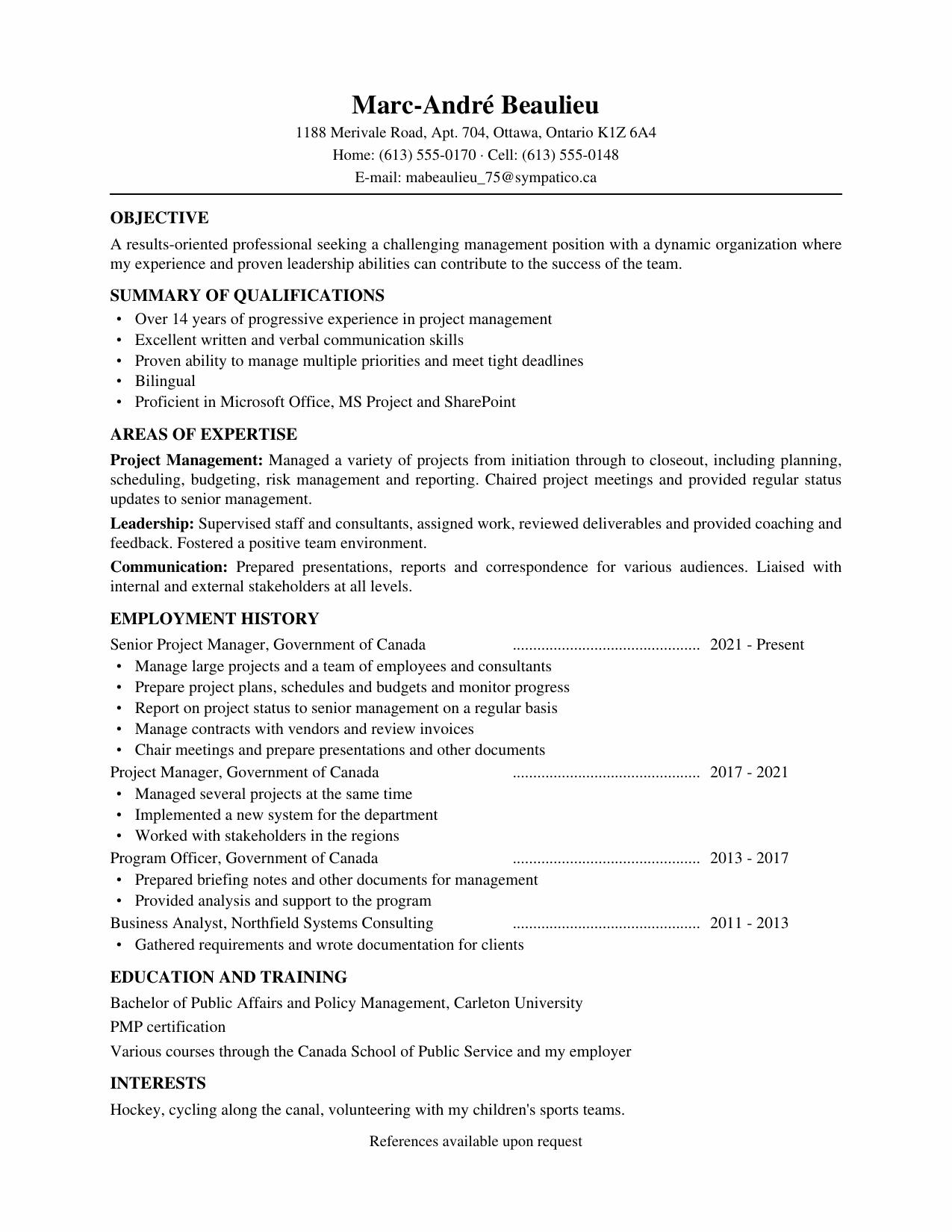 Before: a dated federal resume with an objective statement and duty-based areas of expertise