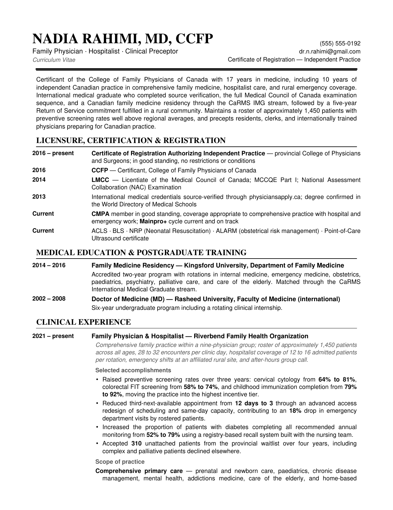 After: an ATS-optimized family physician resume with licensure, CCFP certification and quantified outcomes