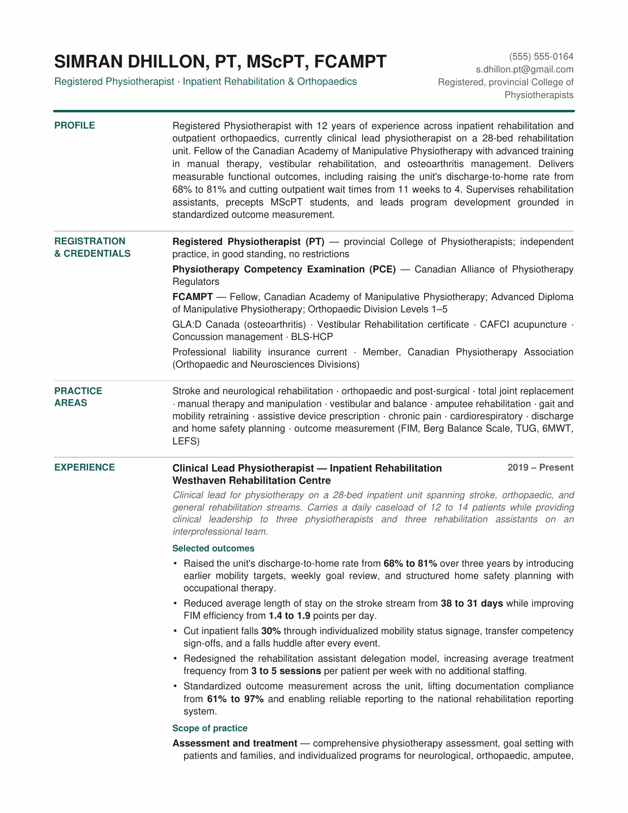 After: an ATS-optimized physiotherapist resume with College registration, FCAMPT credentials and quantified outcomes