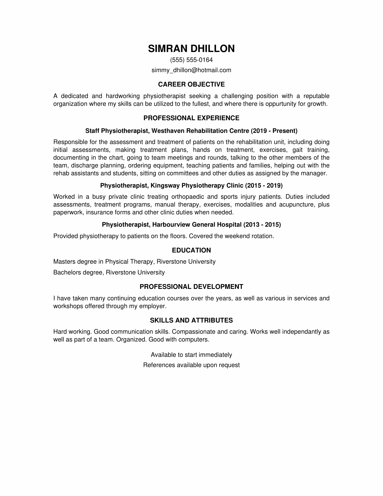 Before: a dated physiotherapist resume with an objective statement and duty-based paragraphs