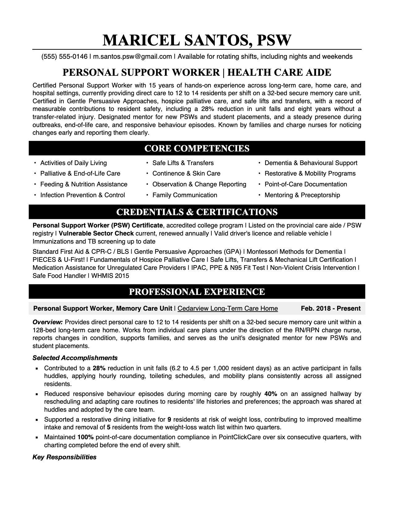After: an ATS-optimized personal support worker resume with PSW credentials, core competencies and quantified resident care outcomes
