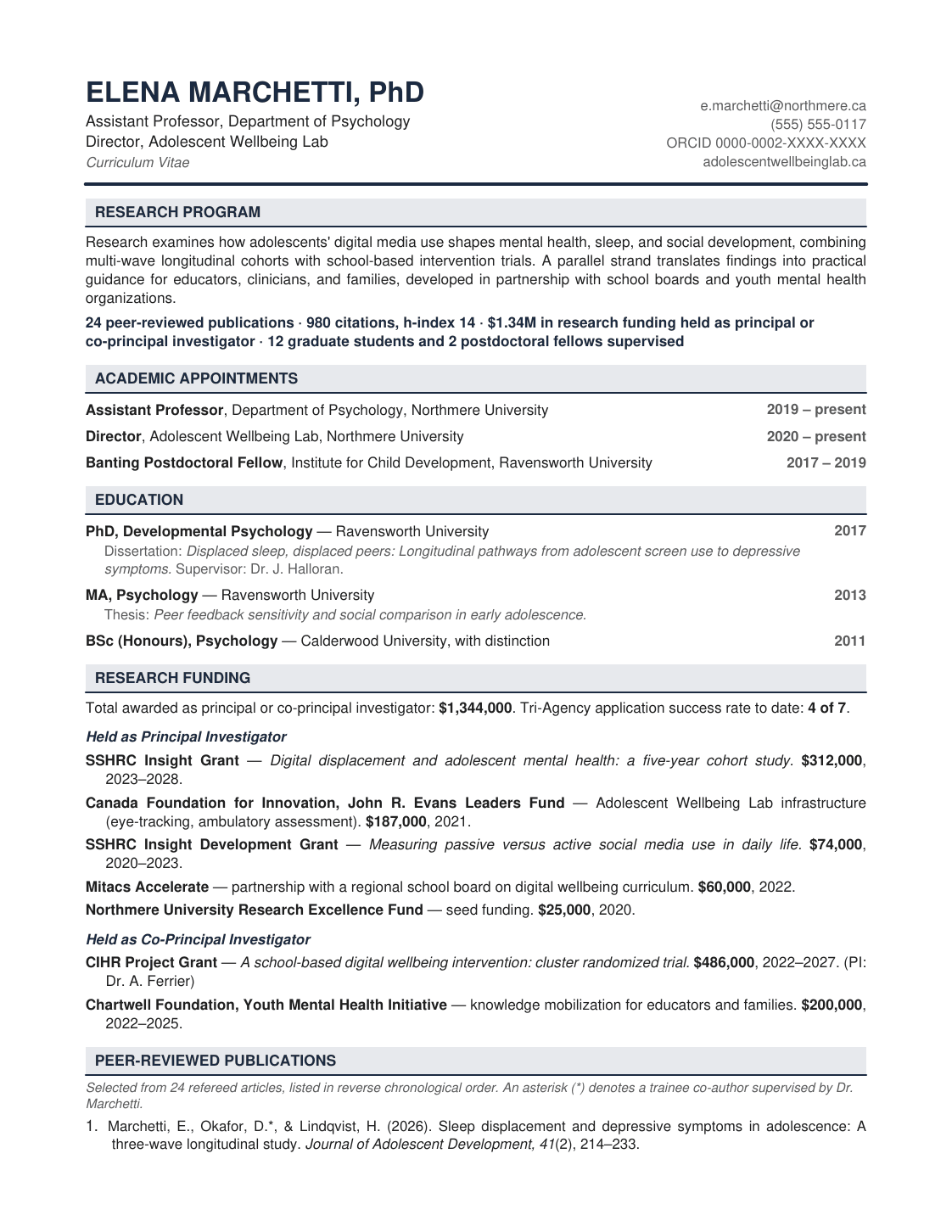 After: rewritten academic CV with research program, funding, publications and appointments laid out for a search committee