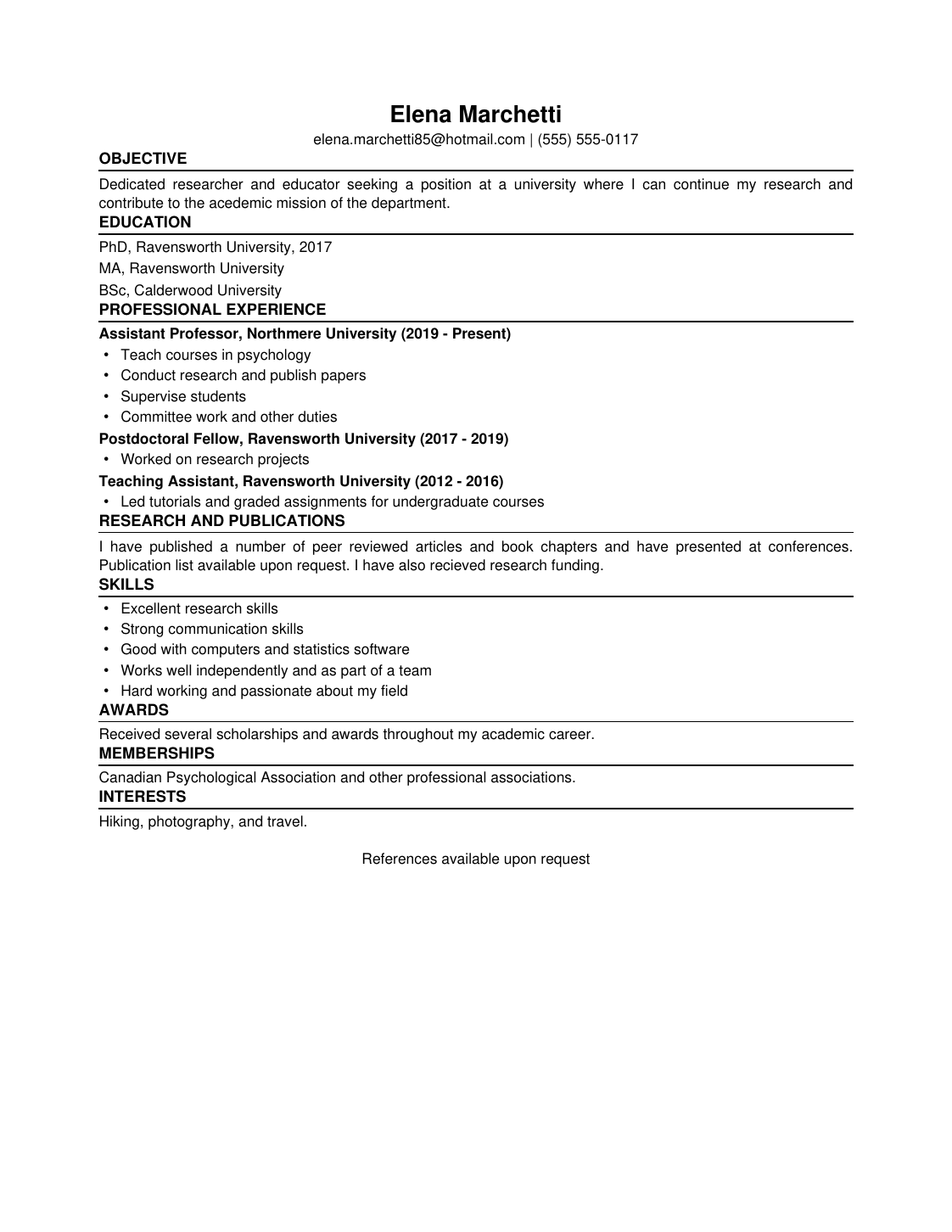 Before: dated academic CV with an objective statement and duty-based bullets