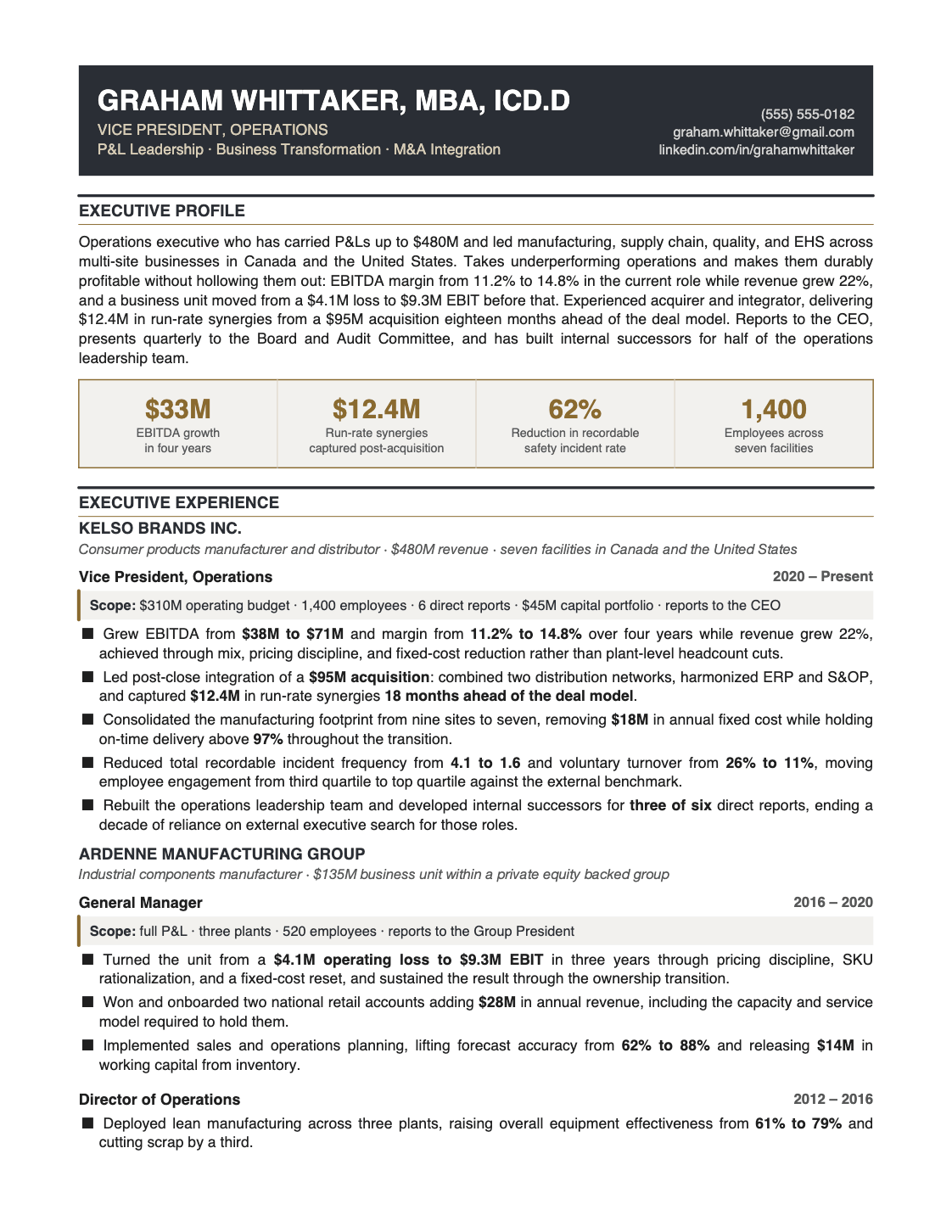 After: rewritten executive resume with scope lines, quantified results and board work laid out for a search consultant
