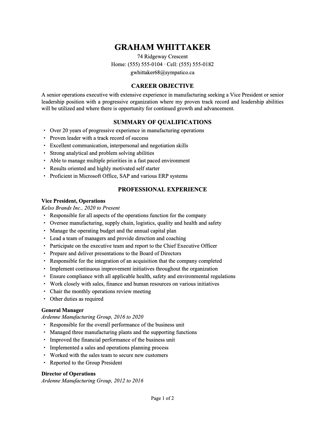Before: dated executive resume with a career objective and duty-based bullets