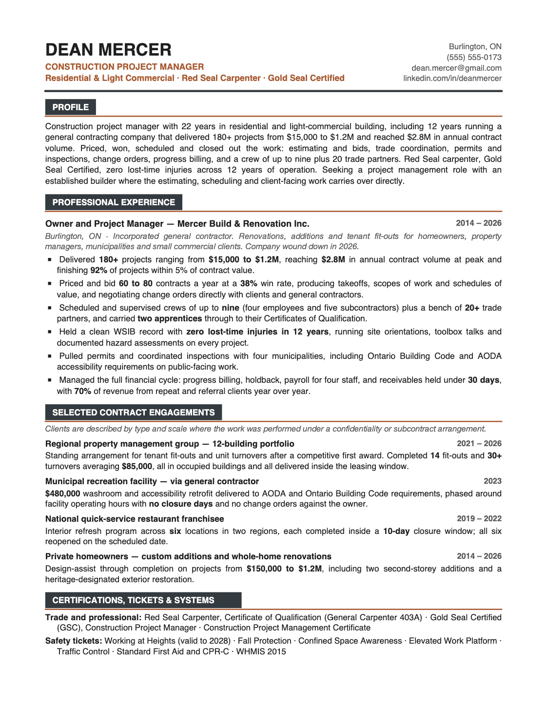 After: rewritten self-employed resume with a project manager title, quantified results and contract engagements by client type