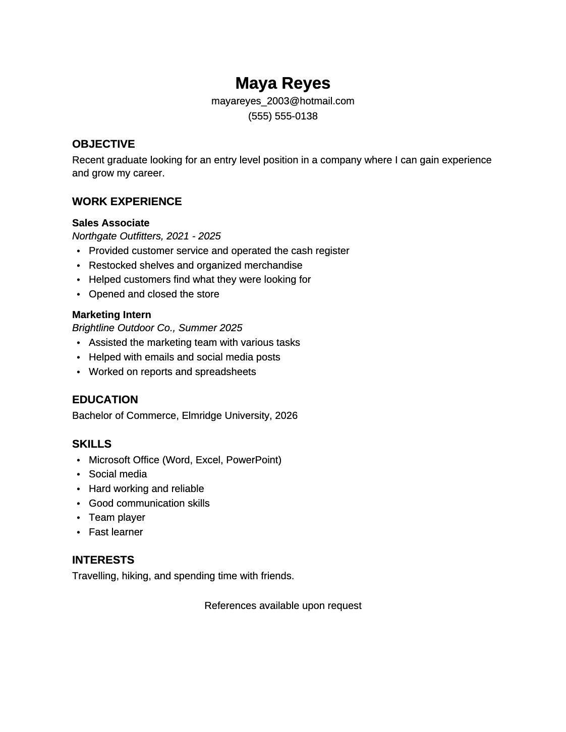 Before: new grad resume with an objective statement, duty-based bullets and a list of soft skills