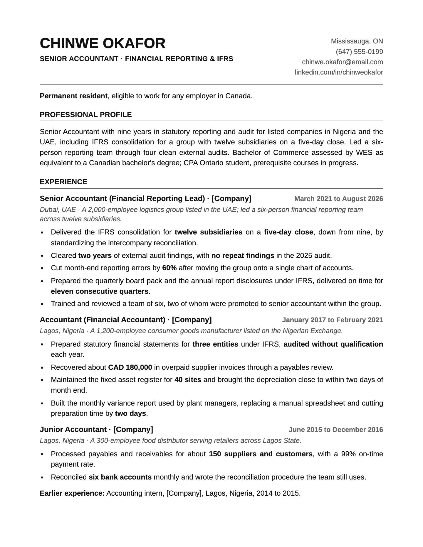 Canadian resume format example for a newcomer, page 1 of 2: a Canadian header, a work authorization line, a professional profile, and three roles with a scope line and results under each