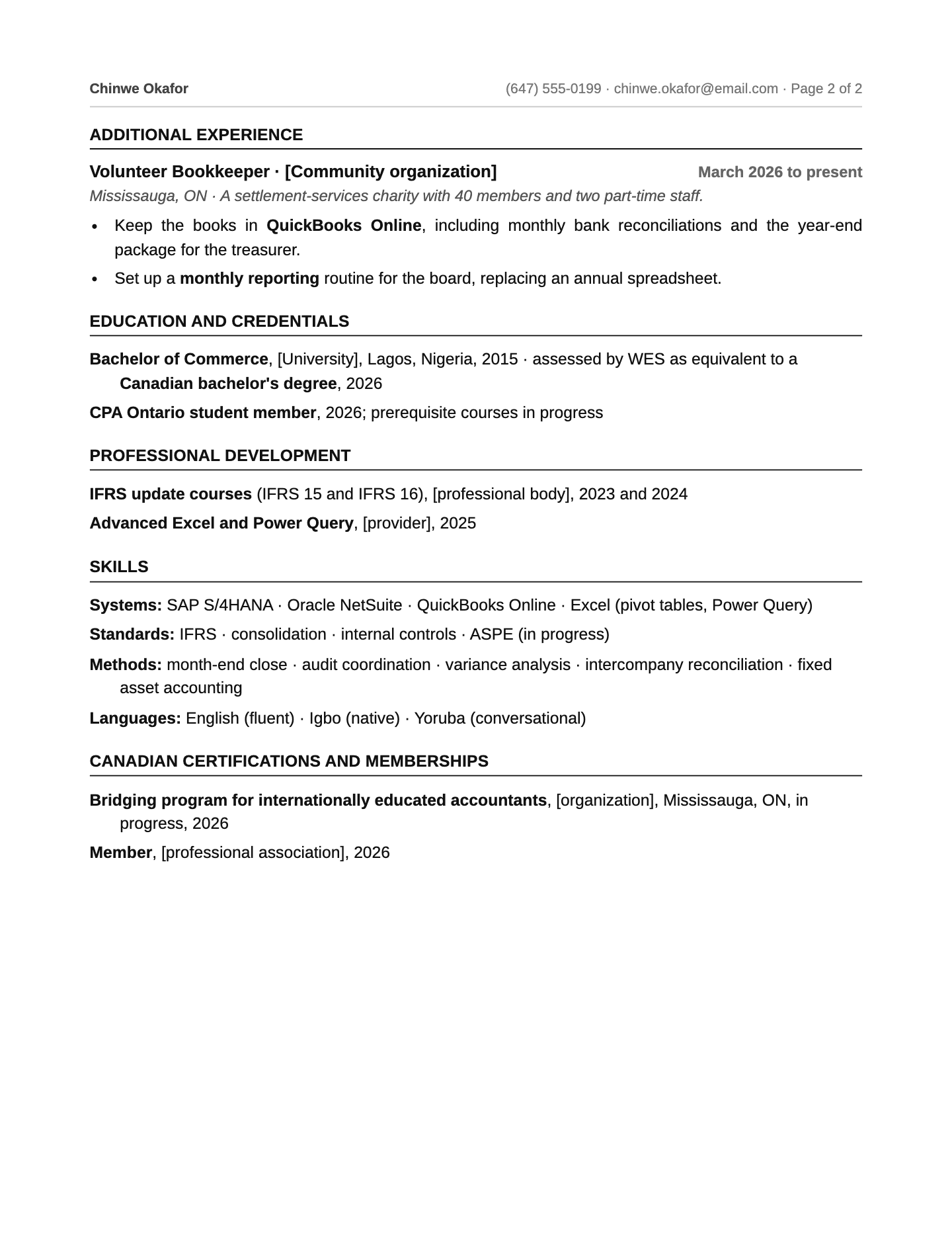 Canadian resume format example for a newcomer, page 2 of 2: volunteer experience, the degree with its WES equivalency, professional development, skills, and Canadian certifications and memberships