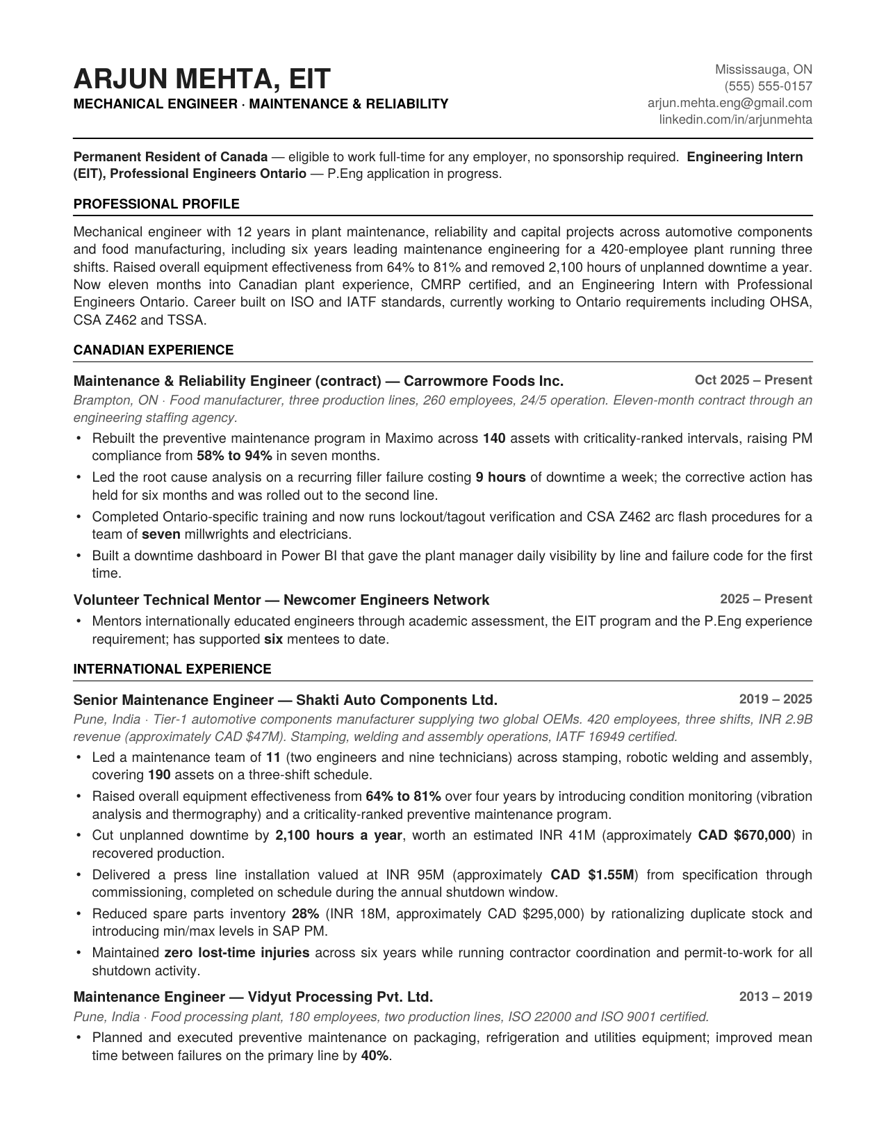 Resume writing services for newcomers to Canada: page 1 of the two-page Canadian-format resume we wrote from an Indian-format CV