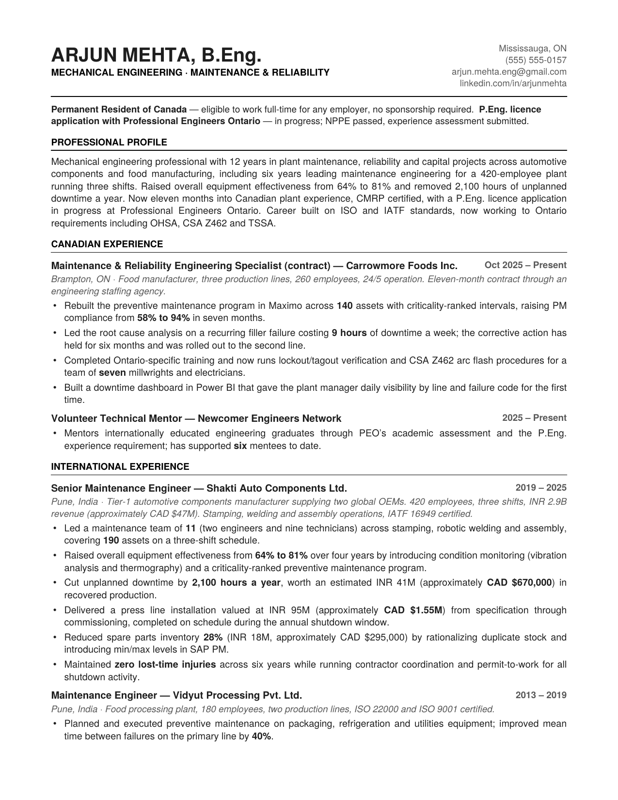 Resume writing services for newcomers to Canada: page 1 of the two-page Canadian-format resume we wrote from an Indian-format CV