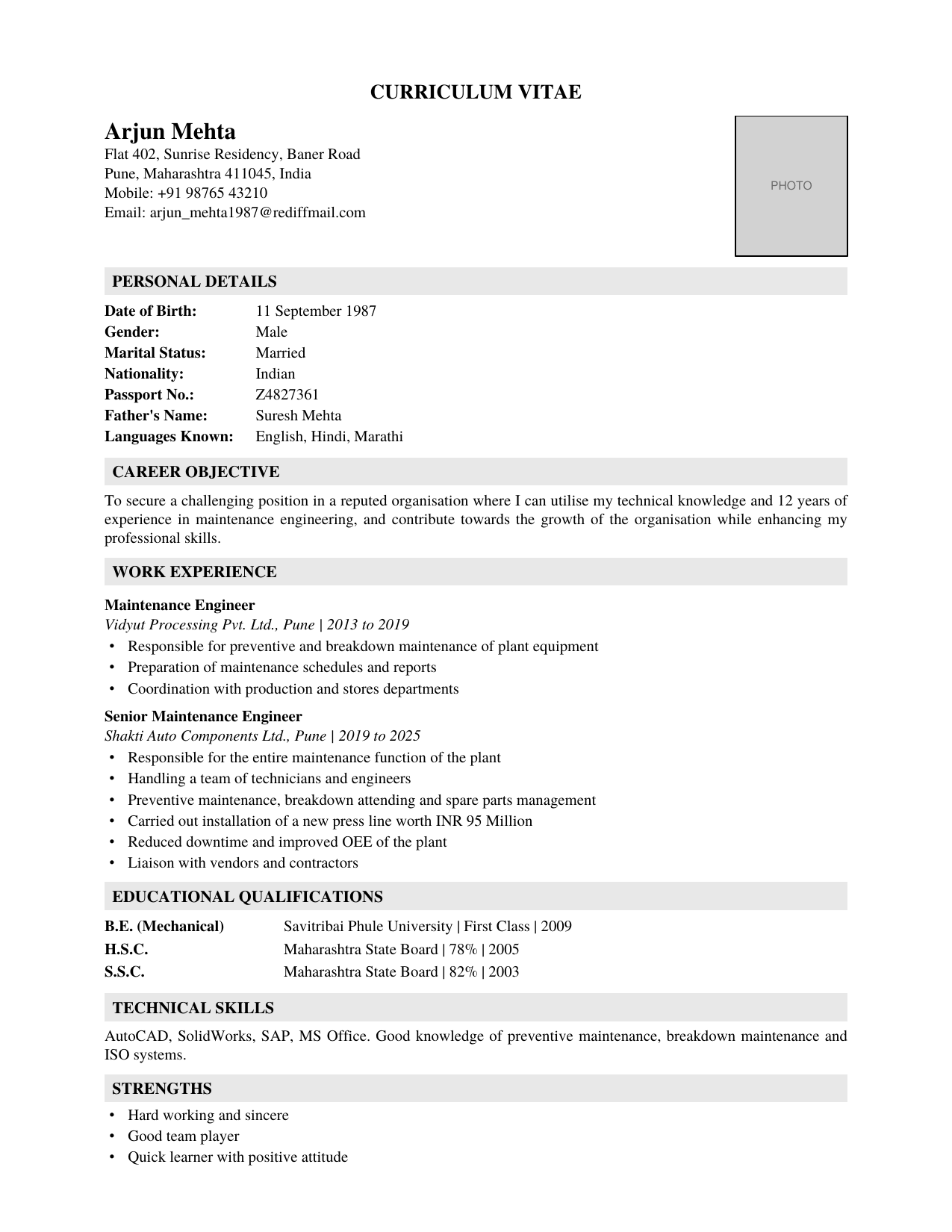 Before: page 1 of a two-page Indian-format CV with a photo, date of birth, passport number and career objective