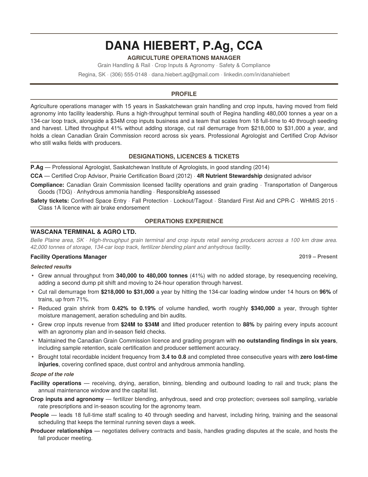 After: page 1 of the two-page Regina agriculture operations manager resume we wrote, with P.Ag and CCA in the headline, a designations block and quantified results