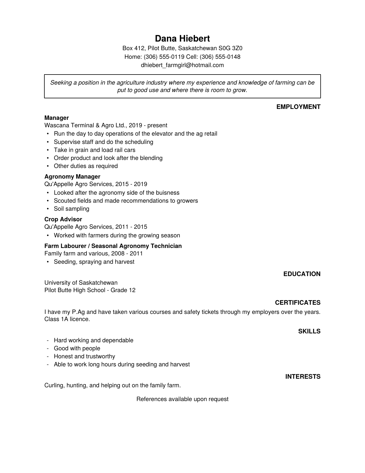 Before: a one-page resume titled Manager, with an objective statement, duty bullets, a personal email address and references on request